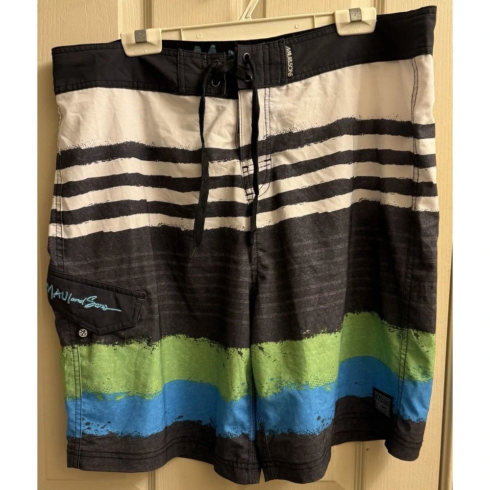 Maui‎ and Sons Retro Boardshorts Men's 38 4 Way Stretch Black Shark Surf